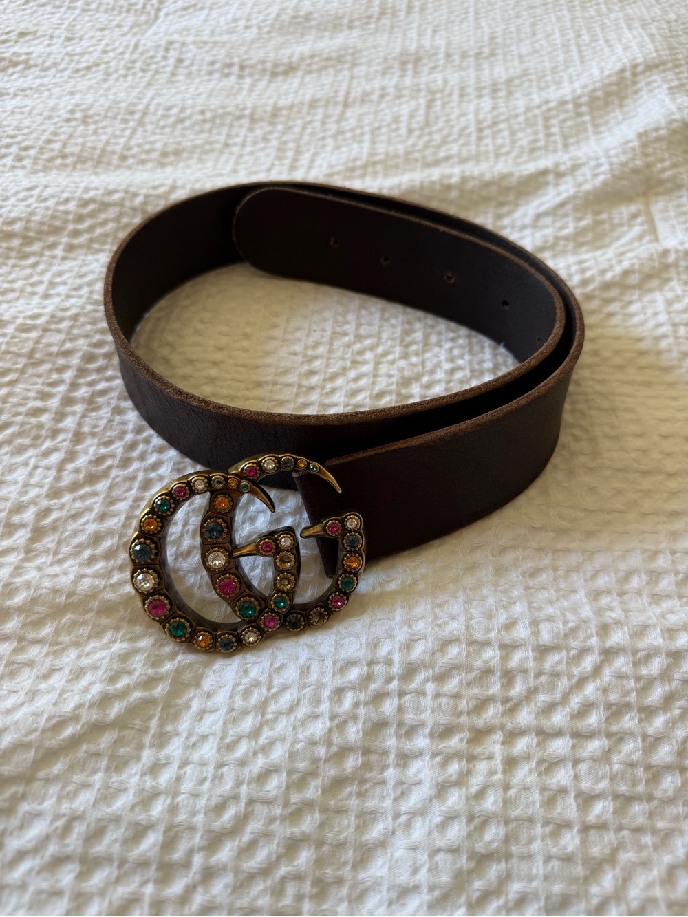 authentic Gucci Brown Leather Belt with Multicolor Crystal Double-G Buckle